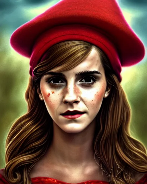 Prompt: highly detailed closeup, of emma watson, dressed in a red mushroom hat and clothes, full face view, on a battlefield, hyper realistic, psychedelic, illustration, nicoletta ceccoli, mark ryden, lostfish, dan decarlo, bob clampett, max fleischer, digital paint, matte paint, vivid colors, detailed and intricate environment