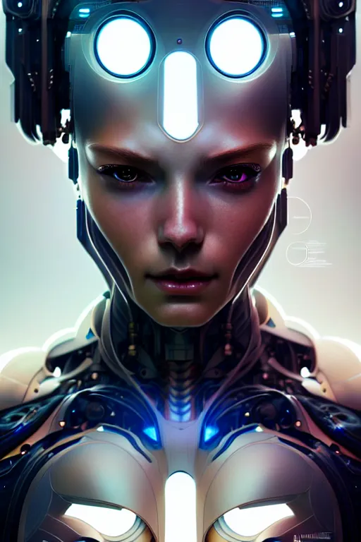 Image similar to portrait of ultra realistic, beautiful cyborg woman, metahuman, sci-fi, fantasy, manga, intricate, elegant, highly detailed, digital painting, octane render, artstation, concept art, smooth, sharp focus, eerie, illustration, art by artgerm and and greg rutkowski and alphonse mucha