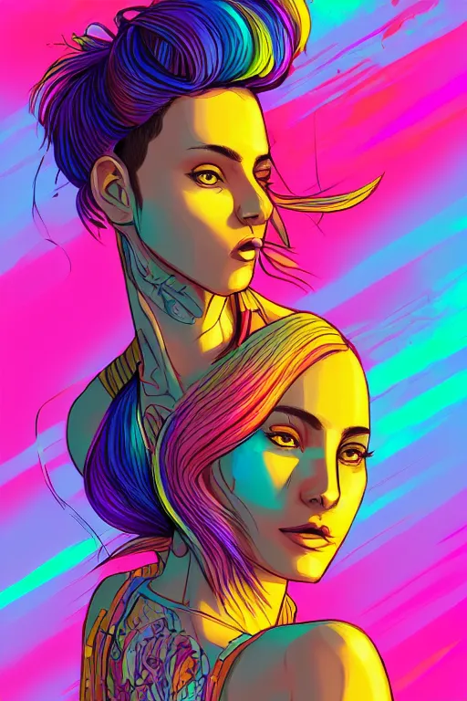 Image similar to a award winning half body portrait of a beautiful woman with stunning eyes in a printed croptop and cargo pants with rainbow colored ombre hairstyle head in motion and hair flying by josan gonzales, outrun, vaporware, shaded flat illustration, digital art, trending on artstation, highly detailed, fine detail, intricate