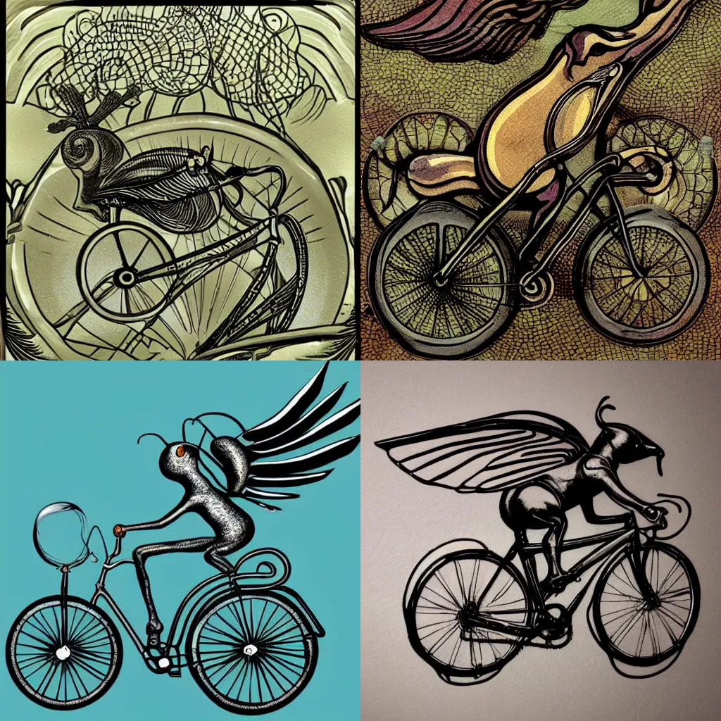 Prompt: snail with wings riding a bike, the snail is on the bike, art nouveau, detailed, smooth, coherent, beautiful composition