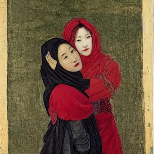 Prompt: A woman is holding another woman, hand around her neck, she is Korean and black, both have red lips, wearing a hijab, Pre-Raphaelite style