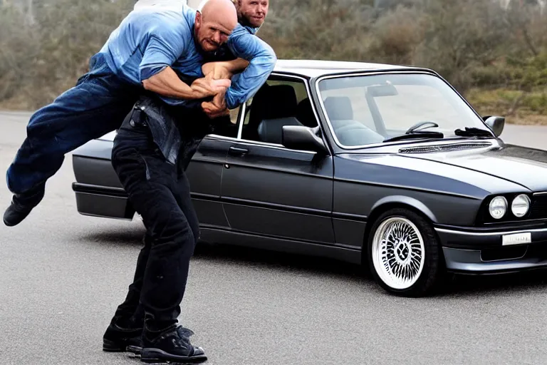 Image similar to Angry Jason Statham lifts BMW e30 in his arms,