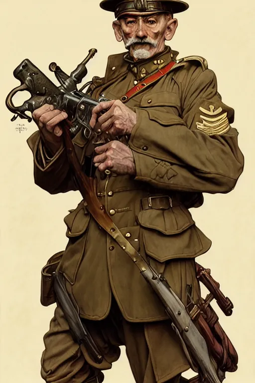 Image similar to old male, world war 1 uniform, marksman, fantasy highly detailed, intricate, smooth, art by joseph leyendecker, peter mohrbacher, ruan jia, marc simonetti, ayami kojima, cedric peyravernay, alphonse mucha, victo ngai