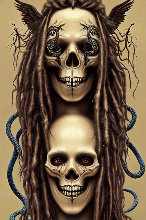 Image similar to evil angels that look like hippies with dreadlocks dancing with snakes, fantasy, face with skull mask, long hair, intricate, elegant, highly detailed, digital painting, artstation, concept art, smooth, sharp focus, illustration, art by artgerm and greg rutkowski and aleister crowley