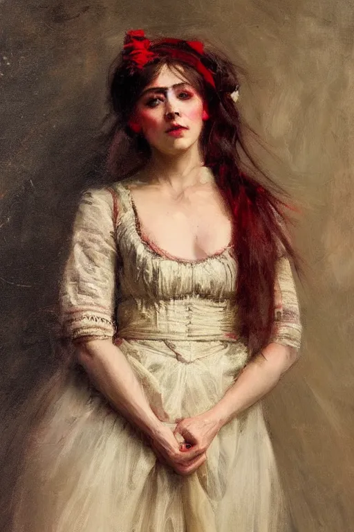 Prompt: Solomon Joseph Solomon and Richard Schmid and Jeremy Lipking victorian genre painting full length portrait painting of a young beautiful woman traditional german french actress dancer in fantasy costume, red background