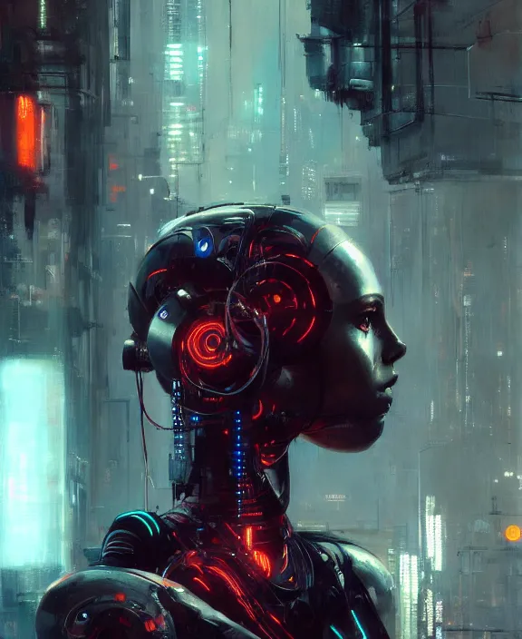 Prompt: portrait of cute robot cyborg girl, wires, neon lights, striking eyes, cyberpunk, highly detailed painting by jeremy mann and cd projekt red