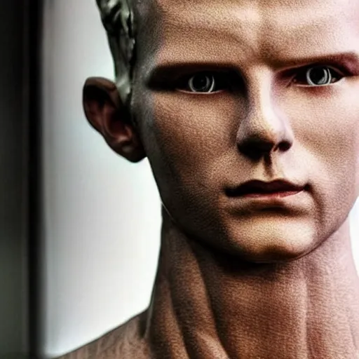 Image similar to “a realistic detailed photo of a guy who is an attractive humanoid who is half robot and half humanoid, who is a male android, Kevin Magnussen, shiny skin, posing like a statue, blank stare”