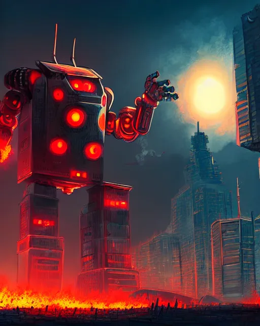 Image similar to giant robot with ominously glowing red eyes stands on top of city that is on fire, concept art, intricate details, highly detailed, in the style of pascal blanche