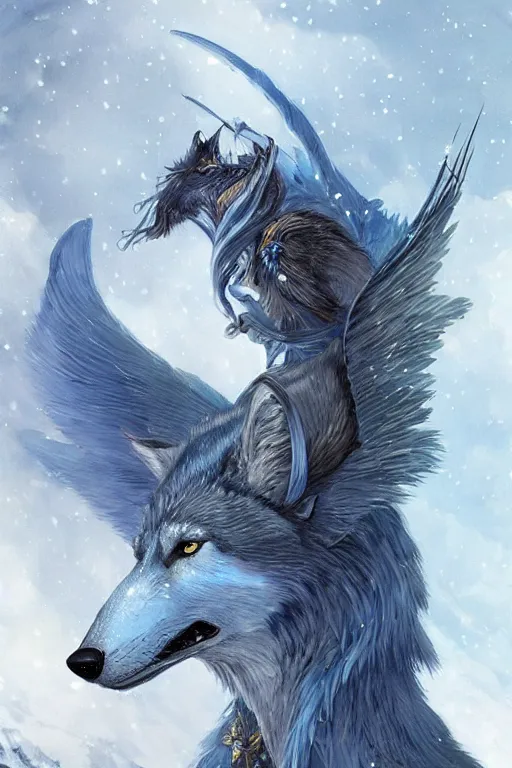 Image similar to blue wolf with wings, facing front, regal, elegant, winter, snow, beautiful, stunning, hd, illustration, epic, d & d, fantasy, intricate, elegant, highly detailed, digital painting, artstation, concept art, smooth, sharp focus, illustration, wallpaper, art by artgerm and greg rutkowski and alphonse mucha and jin xiaodi