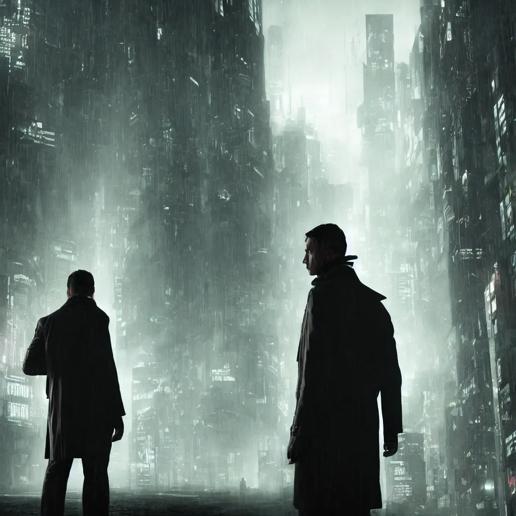 Prompt: Movie poster, ONE SINGLE detective in trench coat looking away from the camera, cyberpunk, futuristic, technology, , cinematic lighting, depth of field, highly detailed, volumetric fog, dark, moody, gritty