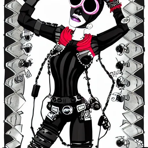 Prompt: a cybergoth woman wearing goggles and eccentric jewelry by jamie hewlett :: full body character concept art, detailed