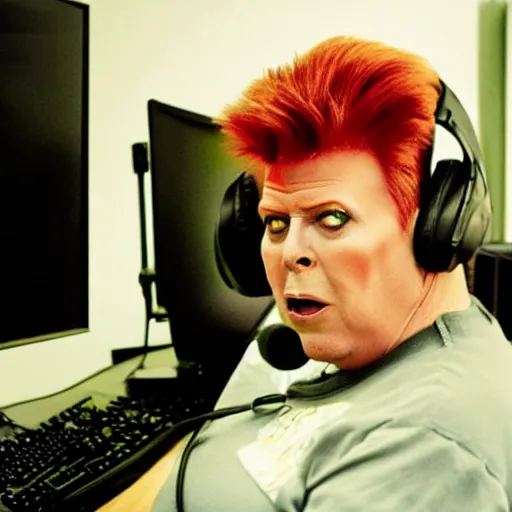 Image similar to obese David Bowie wearing a headset yelling at his monitor while playing WoW highly detailed wide angle lens 10:9 aspect ration award winning photography by David Lynch esoteric erasure head