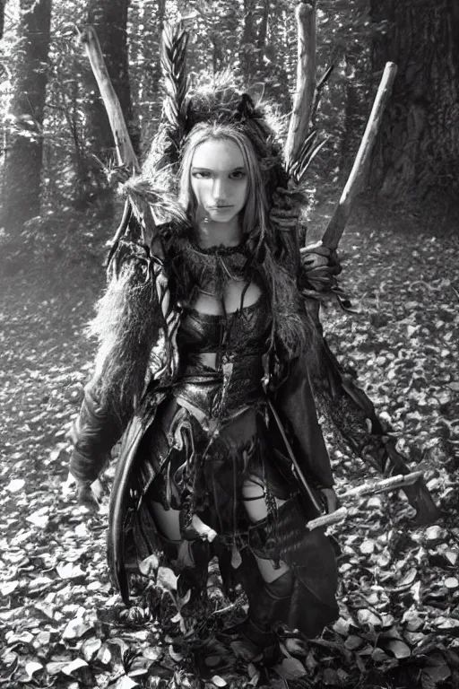 Image similar to a determined dnd deep gnome druid with leather clothing and leaves and sticks in her hair, photo by annie leibovitz b&w