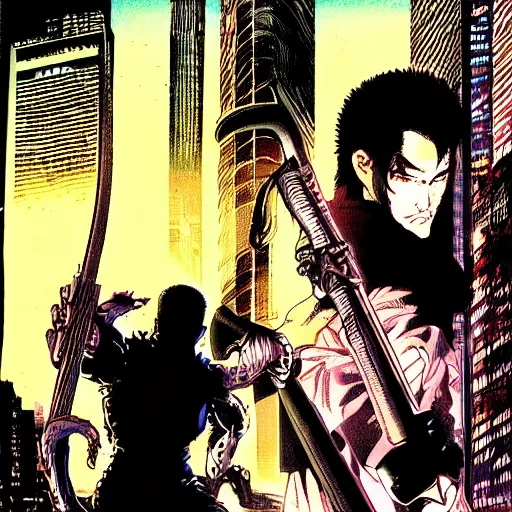 Image similar to professionally drawn 9 0 s berserk mature cyberpunk horror detective action manga comic cover for the movie escape from new york, full color, beautifully drawn coherent professional, drawn by ando, tadao. japanese script on the cover. simplistic minimalist