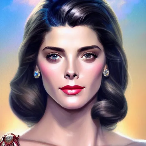 Prompt: Ashley Greene's face combined with Grace Kelly's face with short dark blue hair as She-Ra, western, D&D, fantasy, intricate, elegant, highly detailed, digital painting, artstation, concept art, matte, sharp focus, illustration, art by Artgerm and Greg Rutkowski and Alphonse Mucha