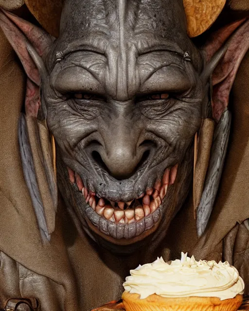 Image similar to highly detailed bosch closeup, face profile portrait of a medieval goblin eating cakes in the cathedral, depth of field, fashion photoshoot by hyung tae, frank frazetta, bosch, giger, breathtaking, detailed and intricate environment, 8 k resolution, hyperrealistic, octane render