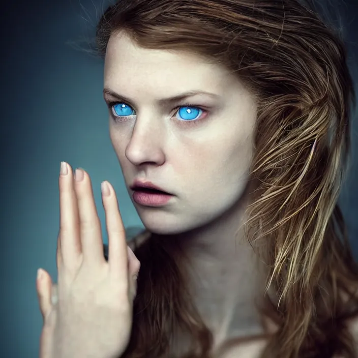 Image similar to dramatic photographic Close-up face of a extremely beautiful girl with blue eyes and light brown hair ,four fingers maximum, high light on the left, non-illuminated backdrop, illuminated by a dramatic light, Low key lighting, light dark, High constrast, dramatic , Flora Borsi, Alessio Albi, Steve Mccurry, Lee Jeffries , Norman Rockwell, Craig Mulins ,dark background, high quality, photo-realistic, 8K,