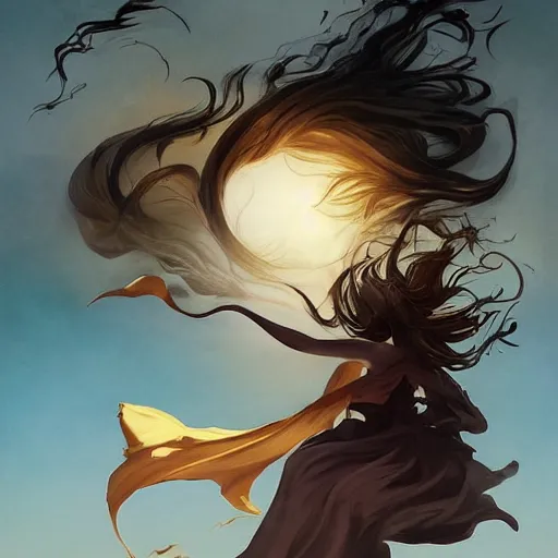 Image similar to a scary evil monster by peter mohrbacher gold leaves dramatically circling in the wind, dark muted colors, top light, cinematic, asian sun, peter mohrbacher dramatic long haired woman with long dramatic black ribbon circling in the wind, casey baugh style, dark muted colors, top light, cinematic, asian sun, art deco border, golden ratio deco border, golden ratio