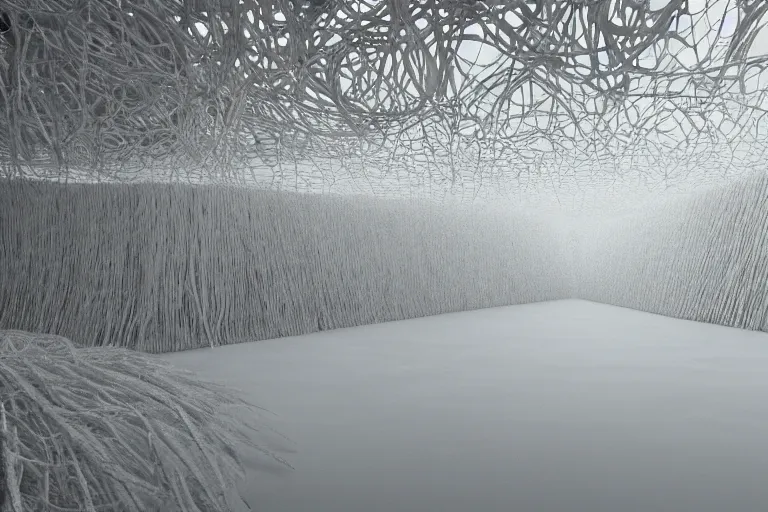 Image similar to tarkovsky stalker greatest scene, refik anadol led screen render, interior neo futuristic ultra white and clean mycelium architecture, stranded natural hemp ropes, biennale architecture installation, bioremediation, + unreal engine 5 + realistic render