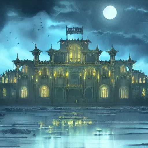 Prompt: massive palace made of yellow crystals in the moonlight, high fantasy, matte painting, dark and gloomy, concept art