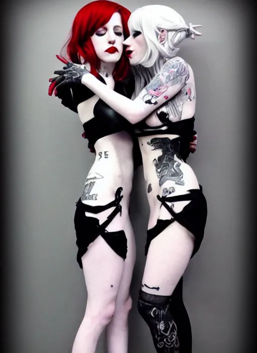 Image similar to a full body shot of two feminine pale skin cosplay beautiful goth girls hugging each other in close proximity, light gray eyes, big red lips, black hair, feet posing, goth style, fully tattooed body, fishnet clothes, beautiful detailed face, masterpiece, paint by artgerm