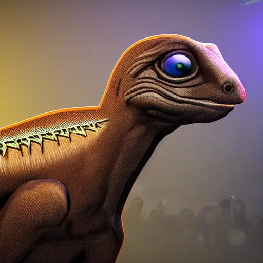 Image similar to photorealistic velicoraptor at a techno party