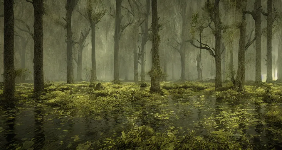 Image similar to A dense and dark enchanted forest with a swamp, with Vray