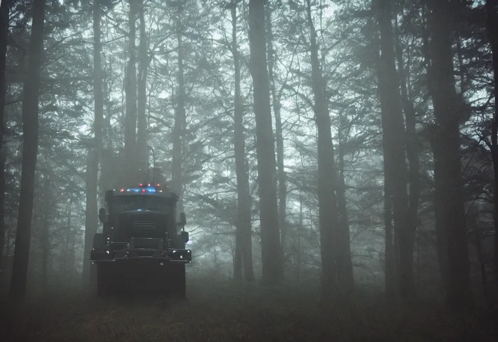 Image similar to low quality iphone photo of g 1 optimus prime standing ominously deep in the foggy woods with a demonic smile in his face, low visibility creepy, grainy, trail cam footage