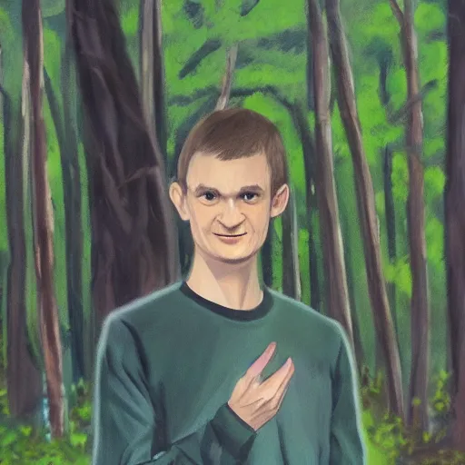 Prompt: portrait of vitalik buterin in a forest, by kawacy