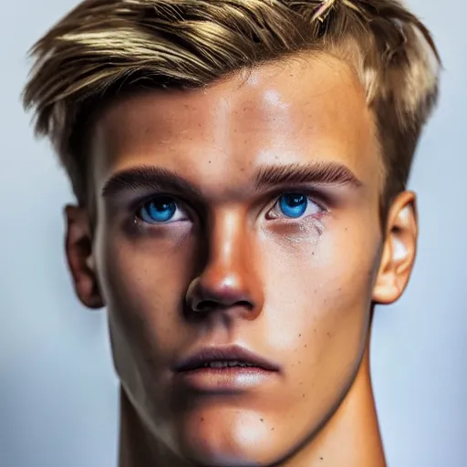 Image similar to a realistic detailed photo of a guy who is an attractive humanoid who is half robot and half humanoid, who is a male android, soccer player martin ødegaard, shiny skin, posing like a statue, blank stare, in a living room, on display