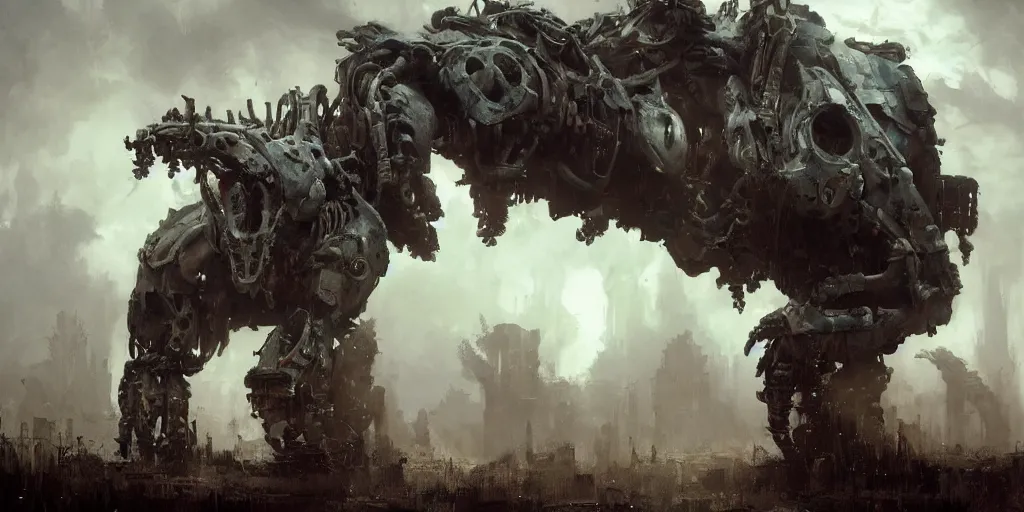 Prompt: beautiful painting by jeremy mann, a mechanical jaguar creature of horizon forbidden west horizon zero dawn, concept art, fantasy, desaturated, ominous, unsettling, sharp focus, octopath traveler, unreal engine highly rendered, global illumination, dramatic lighting, misty