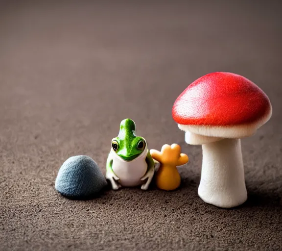 Image similar to photo of a cute frog, sitting on top of his cute mushroom friend, various poses, soft light, faded colors, well framed, sharp focus, 8 k