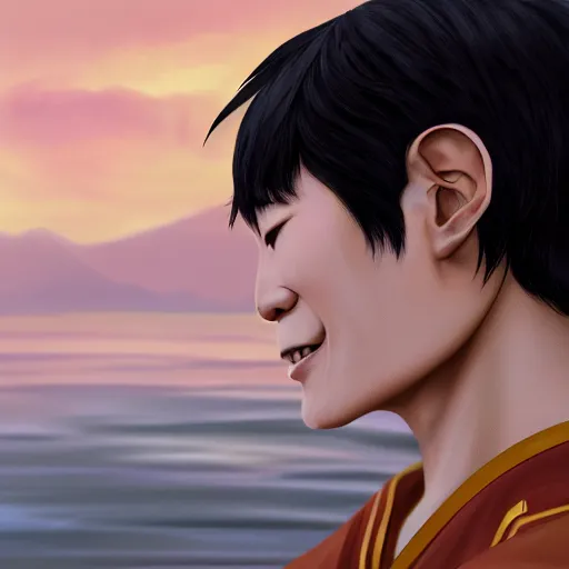 Prompt: beautiful serene intricate photograph of zuko from the fire nation as a japanese young man with gold colored eyes, smiling confidently, relaxing on the beach, golden hour, soft focus, 8 k, art by irakli nadar, hyperrealism, hyperdetailed, ultra realistic