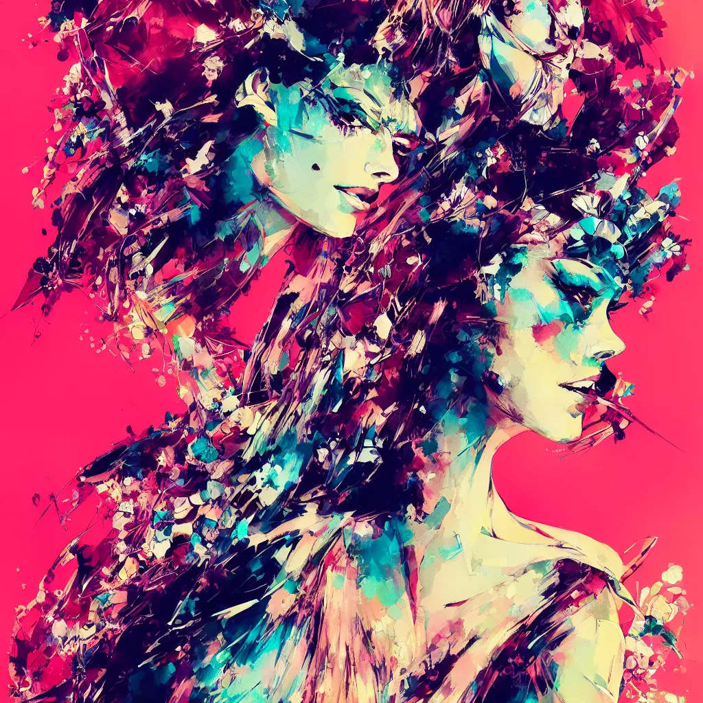 Image similar to an ultra detailed beautiful painting of a stylish woman with colorful haute couture dress, concert poster, retro, yoji shinkawa, conrad roset, greg rutkowski