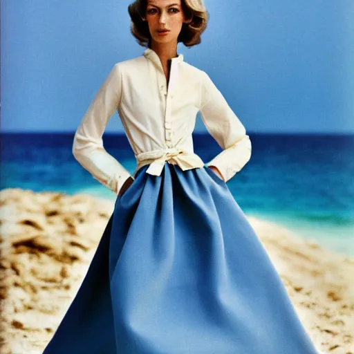 Prompt: 1 9 7 6 italia vogue magazine photo of a dress with cotton set, christian dior style, mediterranean beach background