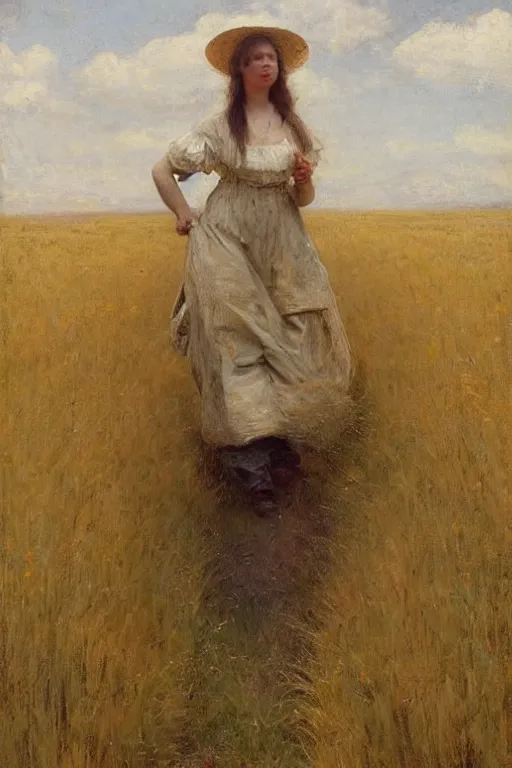 Image similar to Solomon Joseph Solomon and Richard Schmid and Jeremy Lipking victorian genre painting full length portrait painting of a young cottagecore walking in an open field of wheat, red background