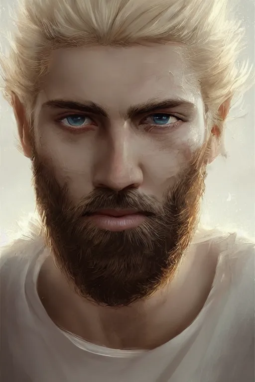 Image similar to blonde wild hair beard man, black eye - patch, close - up portrait, plain white tshirt, powerfull, intricate, elegant, volumetric lighting, scenery, digital painting, highly detailed, artstation, sharp focus, illustration, concept art, ruan jia, steve mccurry