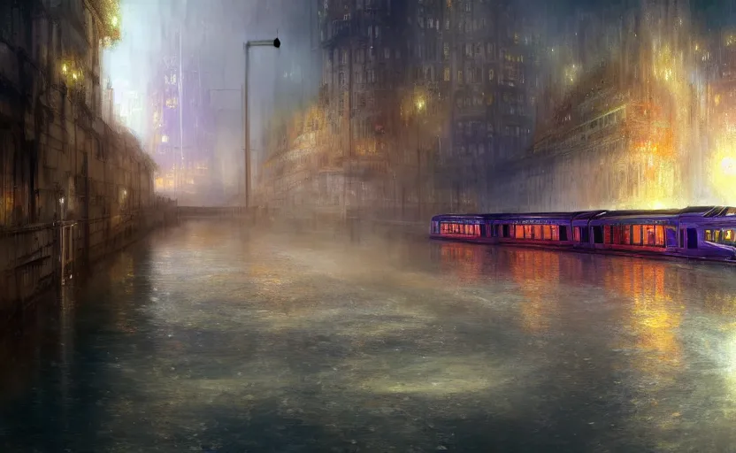 Image similar to an urban train rides inside of a waterway on a fantasy city. by artstation trending, by joseph mallord william turner, luis royo, konstantin razumov, cinematic lighting, fractal flame, highly detailed