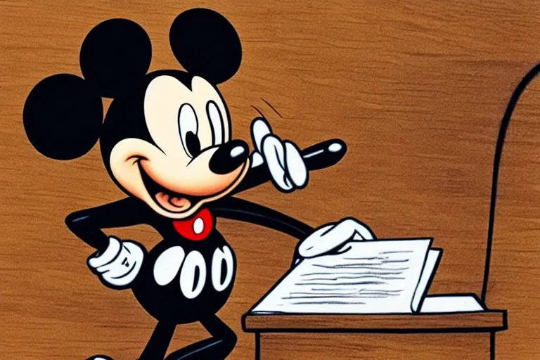 Image similar to courtroom sketch of vintage disney character mickey mouse presenting evidence of copyright infringement to the judge bench court room wooden serious dark tone