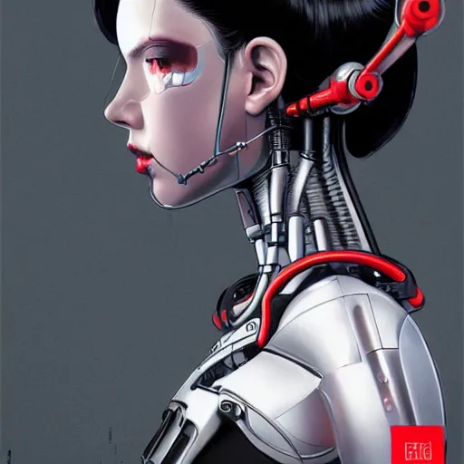 Image similar to A cyborg girl with big and cute eyes, fine-face, realistic shaded perfect face, fine details. red, black and white robotic parts. realistic shaded lighting poster by Ilya Kuvshinov katsuhiro otomo ghost-in-the-shell, magali villeneuve, artgerm, Jeremy Lipkin and Michael Garmash, Rob Rey and Kentarõ Miura style, trending on art station