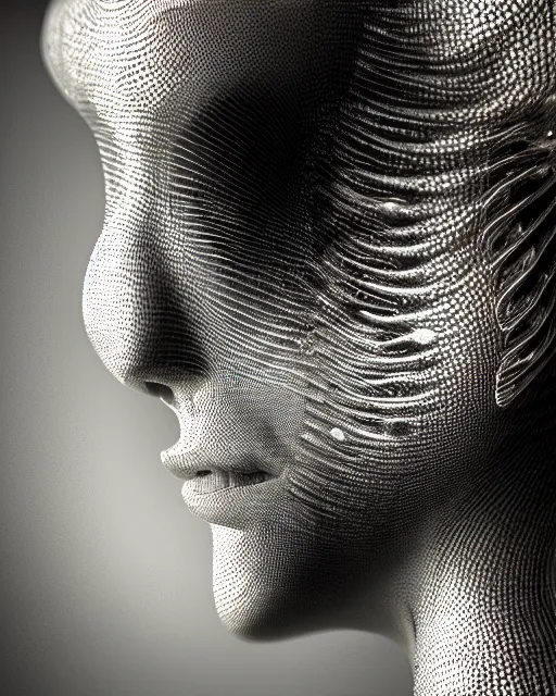 Image similar to mythical dreamy black and white organic bio-mechanical spinal ribbed profile face portrait detail of translucent steampunk mechanical beautiful female angelic-human-queen-realistic-cyborg, highly detailed, intricate crystal jelly ornate, poetic, 3D render, digital art, octane render, 8K artistic photography, photo-realistic, by Dora Maar