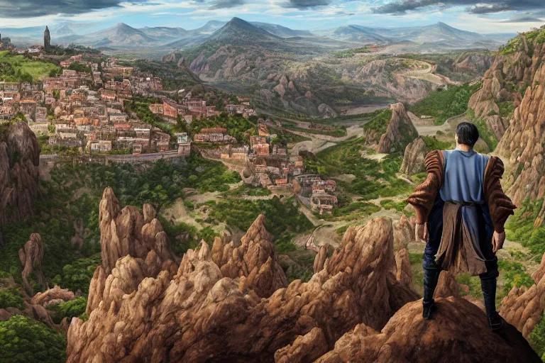 Image similar to an ultra detailed matte landscape painting of an extremely tall and strong young man with short brown hair standing on a cliff overlooking a medieval capital built on top of many hills, italian renaissance architecture, ultrawide lense, aerial photography, 8 k, volumetric lighting, smooth, highly detailed, digital illustration, art by kentaro miura and akira toriyama and artgerm