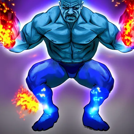 Image similar to buff Walter White Hadoken a ball of blue fire to the right side of the screen, accurate anatomy, accurate hands, highly detailed, digital art, smooth,