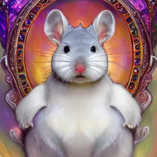 Prompt: a photograpic portrait of a anthropomorphic chinchilla wearing white clothes, iridescent colors, fantasy, intricate, elegant, highly detailed, digital painting, artstation, concept art, smooth, sharp focus, illustration, art by artgerm and H R Giger and alphonse mucha