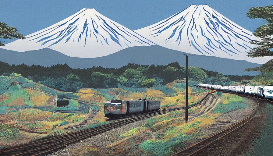 Prompt: award winning graphic design poster, cutouts constructing an contemporary art depicting mount fuji, rural splendor, and bullet train, isolated on white, mixed media painting by jules julien