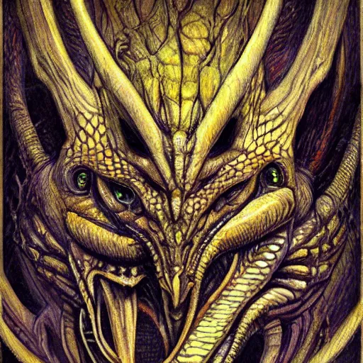 Image similar to Giger portrait of queen dragon, Dragon in dragon lair, HD, full body dragon concept, flying dragon, soft shading, soft colors, relaxed colors, hyperdetailed, wide angle lens, fantasy, futuristic horror, style of giger