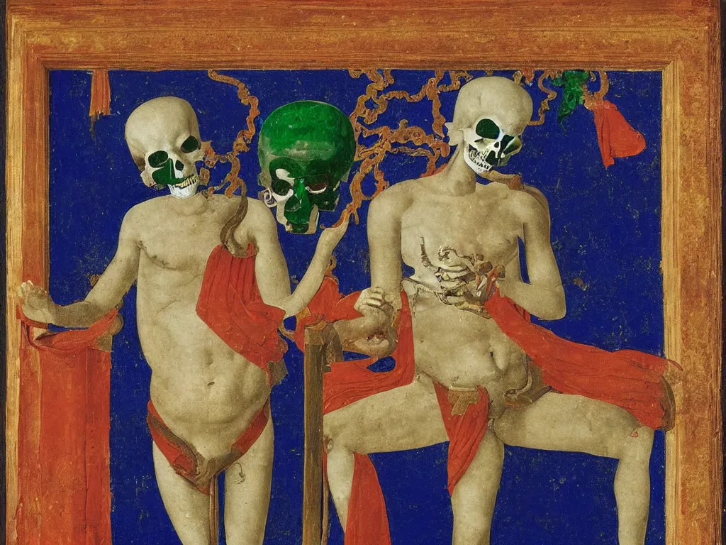 Image similar to Portrait of a Buddhist dancing deity with skull. Lapis Lazuli, malachite, cinnabar, gold. Painting by Piero della Francesca, Balthus, Agnes Pelton