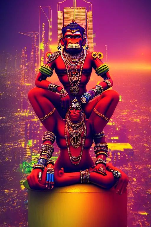 Image similar to high quality 3 d render colorful post - modern cyborg! hanuman sitting, gold madhubani, highly detailed, cyberpunk!! mumbai in the background, vray cinematic smooth, liam wong, moody light, low angle, uhd 8 k, sharp focus