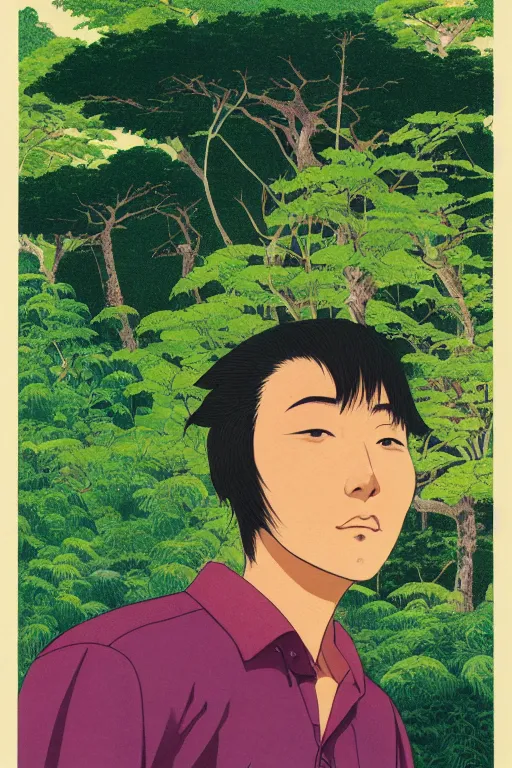 Image similar to a closeup portrait of a young japanese man taking mind altering drugs, a blotter paper of lsd acid and dreaming psychedelic hallucinations in the vast green landscapes of the amazon jungle, by kawase hasui, moebius, edward hopper, colorful flat surreal design, hd, 8 k, artstation