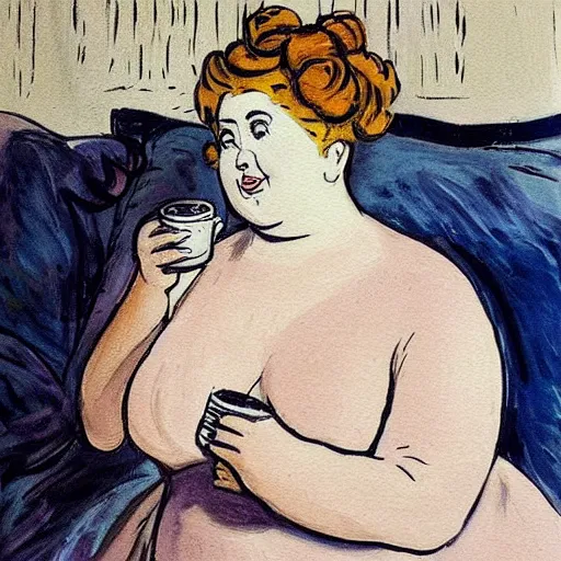 Image similar to a beautiful painting of a beautiful fat woman wearing a nightgown drinking coffee in a bed with white sheets in the style of in the style of Telous Lautrec